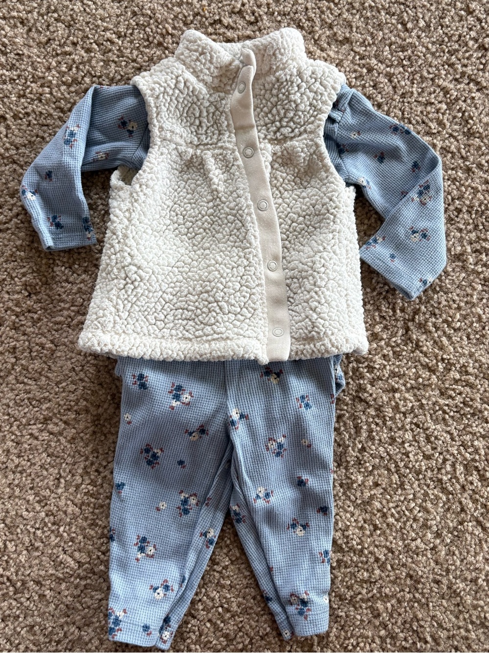Carter's Light Blue Waffle Knit Floral Top with Cream Sherpa Vest
